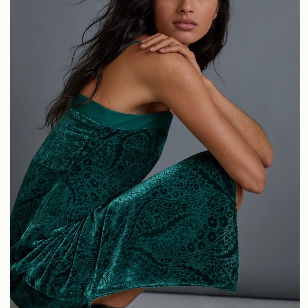 Anthropologie Green Velvet Slip Dress